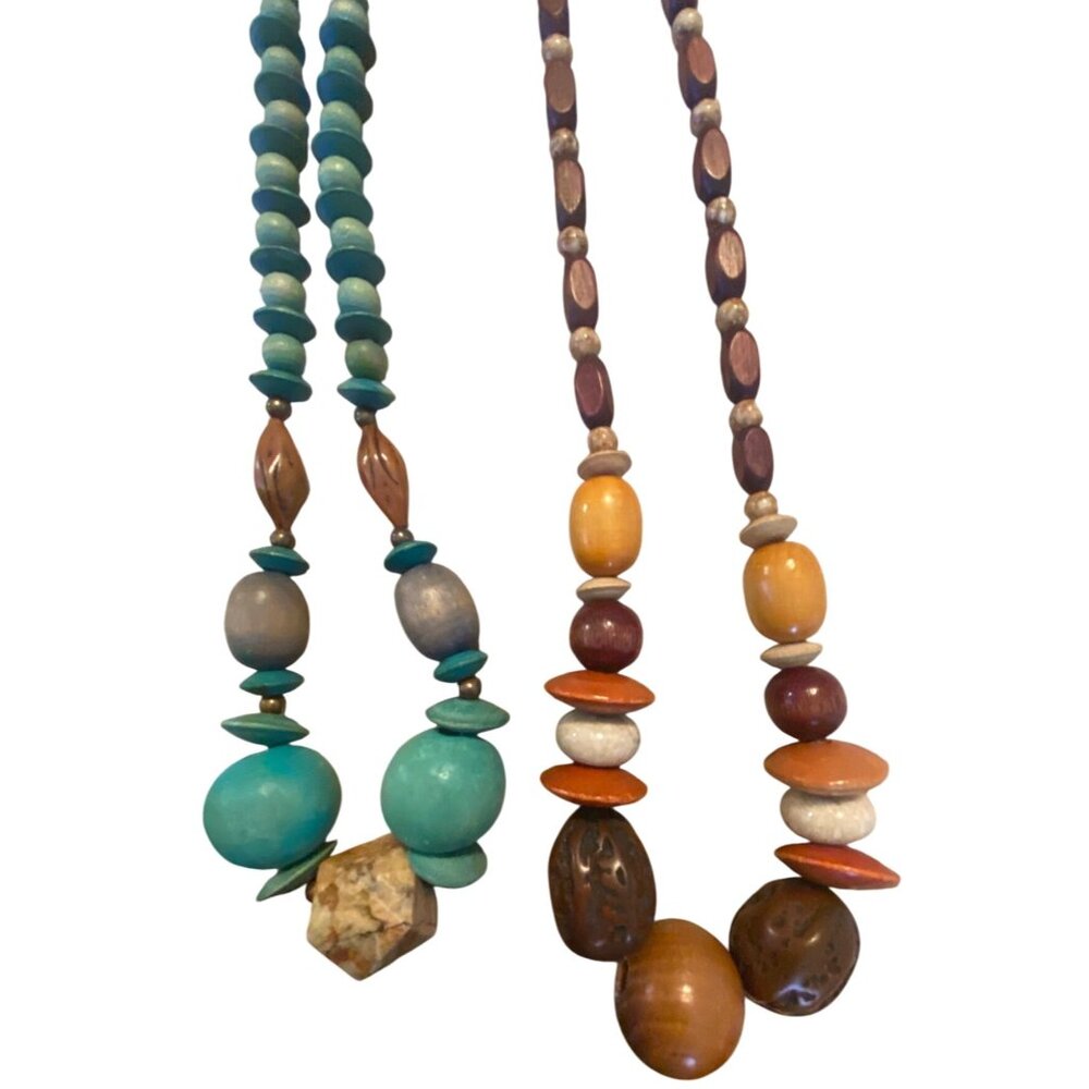 Vintage Bohemian Wooden Beaded Necklaces Set Of 2 Earth Tones & Turquoise Handma